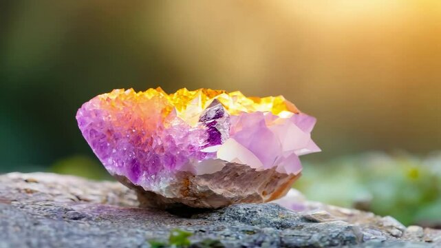 Vivid amethyst and citrine crystal on stone with blurred natural background for energy, beauty and inspiration. Sparkling minerals in sunlight for healing and balance
