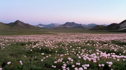 Obraz premium Expansive field of pink flowers stretches towards distant mountains under a pastel sky.