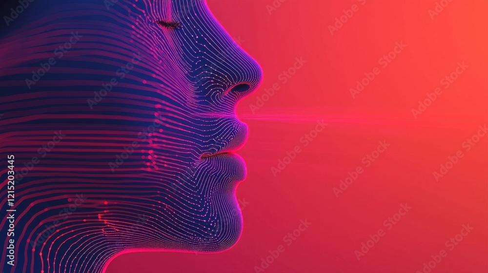 Poster a digital abstract representation of a profile face, featuring lines and vibrant colors against a gr