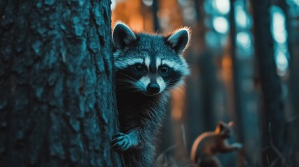 Raccoon Hiding in Forest.