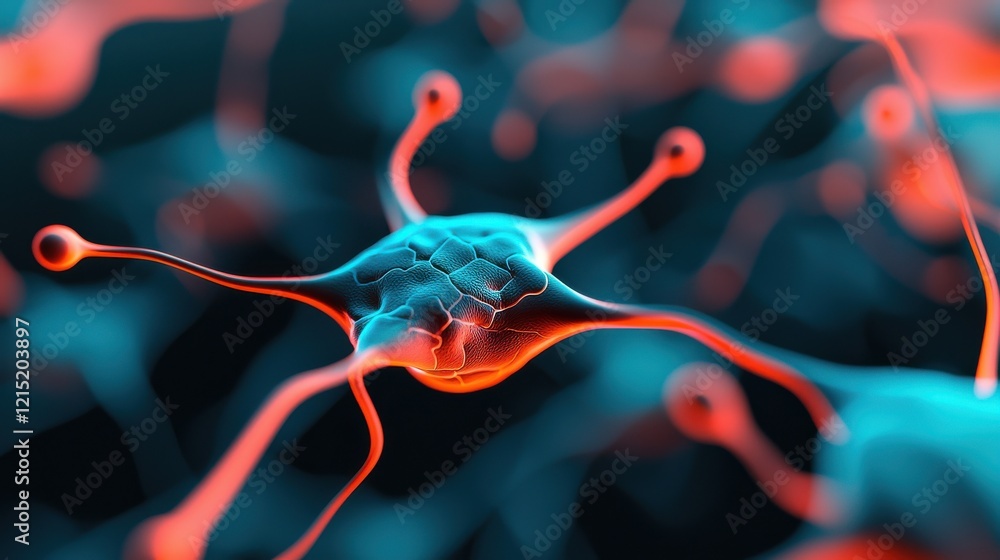 Poster a vibrant digital illustration of a neuron, showcasing intricate details and glowing colors, represe