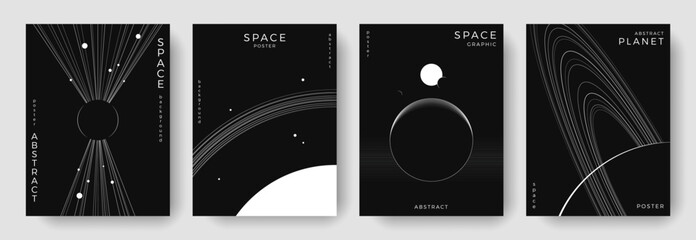 Set of abstract space astronomy backgrounds. Line art galaxy, solar system, planet, black hole. Science future concept. Cosmic minimalist design for cover, poster, layout, banner, flyer, brochure