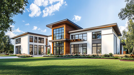Fototapeta premium Modern house with large windows and wooden accents, white walls, and a modern architectural style. There is green grass in front of the building, trees on both sides, a landscape design rendering.