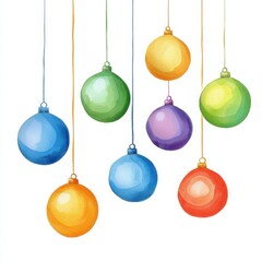 Colorful watercolor ornaments hanging festive scene digital art cheerful atmosphere eye-level view holiday spirit, isolated on white background