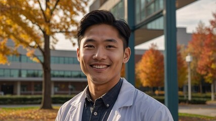 Bright autumn day showcases a smiling male doctor of Asian descent in a medical coat, highlighting optimism and professionalism in a vibrant healthcare setting
