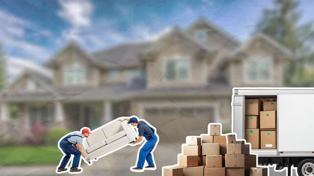 Moving company workers carry a sofa to a truck, cardboard boxes lie inside and next to it. Moving service concept. Empty space for text. Smooth animation on color paper background