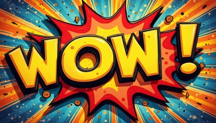 This vibrant image features a striking comic book-style explosion with the word WOW in bold yellow letters, radiating excitement. The dynamic background of blue and orange rays enhances the sense of