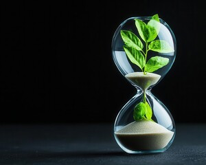A surreal hourglass with sand turning into blooming plants, symbolizing the passage of time and growth in mental health and healing