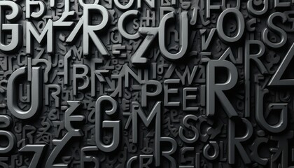 An intricate arrangement of bold, three-dimensional letters in various sizes and styles creates a striking black typography backdrop. This visually captivating image evokes a sense of creativity and