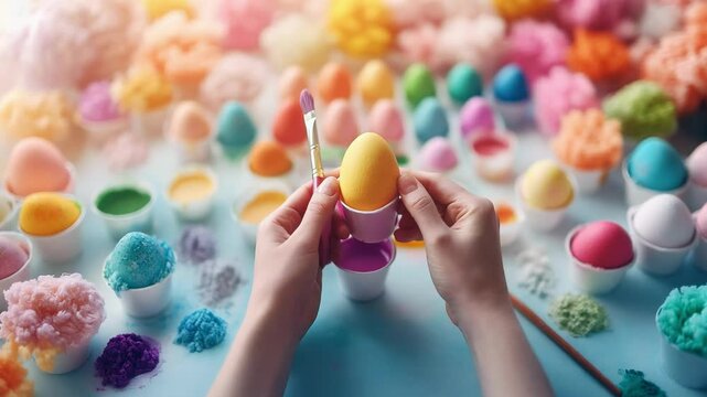Hands painting pastel Easter eggs with vibrant colors and creative designs for festive decoration, art and joyful celebration