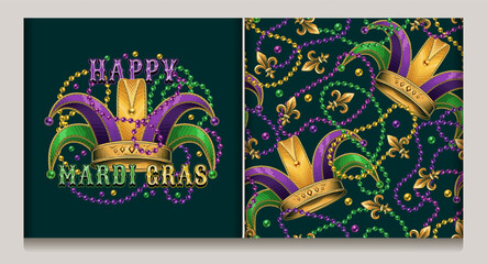 Seamless Mardi Gras pattern, label with jester harlequin hat, randomly scattered Fleur de Lis sign, beads, interlaced strings of beads on dark green background. Vintage style
