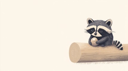 Cute raccoon illustration holding egg on wooden log with minimalist background