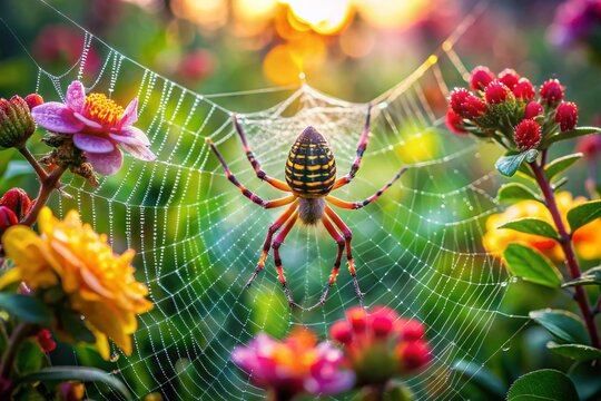Parawixia audax Spider Weaving Web in Lush Garden at Dawn