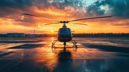 Helicopter on Wet Tarmac at Sunrise