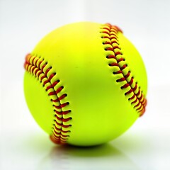 Closeup view of bright yellow softball. Red stitching clearly visible. Ball isolated against plain white background. Sports equipment item. Perfect for illustrating sport concepts. Possible uses in