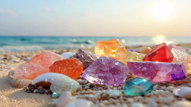 Colorful gemstones and seashells glistening on sandy beach at sunrise for natural beauty, serenity and coastal charm