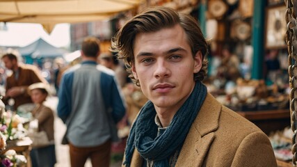 Fototapeta premium Young man immerses himself in the vibrant atmosphere of a bustling street market filled with colorful stalls and lively interactions during the warm afternoon sun