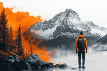 Mountain landscape with a person gazing at a creatively edited fiery orange backdrop