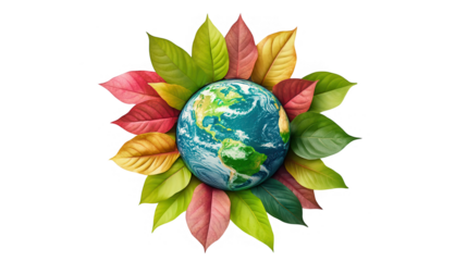 Earth Day PNG file, vibrant green Earth design surrounded by colorful leaves, isolated on white