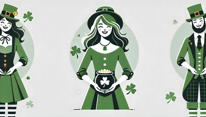 Modern Saint Patrick's Day Woman with Shamrock Brooch and Pot of Gold