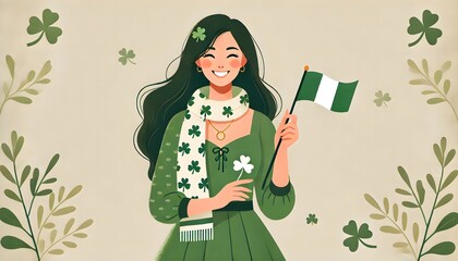 Modern Saint Patrick's Day Woman with Shamrock Brooch and Pot of Gold