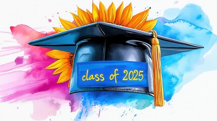 Bright Graduation Cap with Sunflower and Colorful Background Design