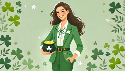 Modern Saint Patrick's Day Woman with Shamrock Brooch and Pot of Gold