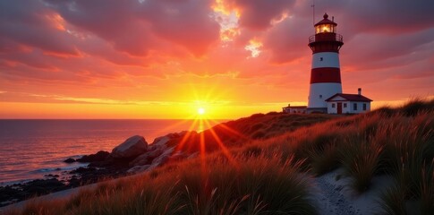Sylt sunrise, iconic List lighthouse Golden hour glow , nature, lighthouse, golden hour