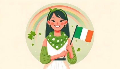 Modern Saint Patrick's Day Woman with Shamrock Brooch and Pot of Gold