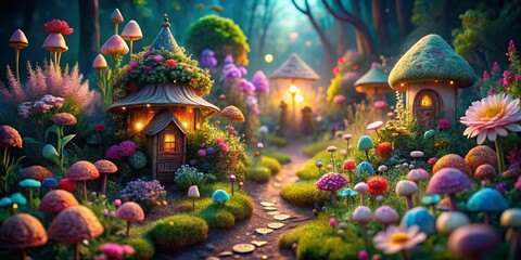 Fototapeta premium Pastel Flower Fairy Garden Backgrounds: Enchanting Floral Scenes for Design Projects