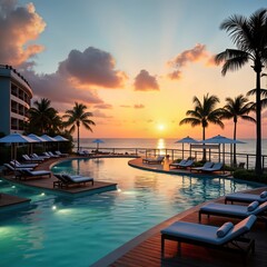 Luxury beachfront resort at sunset. Infinity pool overlooks ocean. Guests relax on private cabanas. Tropical paradise setting. Perfect for summer vacation. Wooden deck surrounds pool area. Palm trees