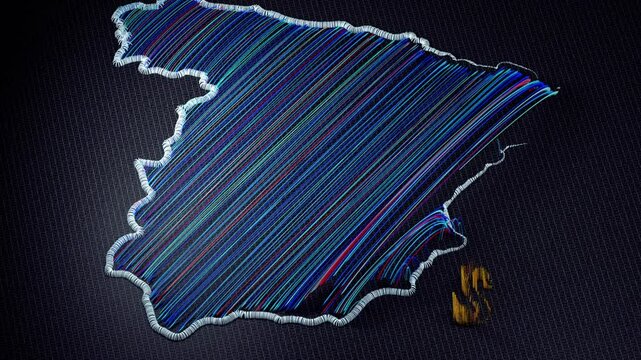 3D animation of an embroidered map of Spain. The colorful threads and fabric are shown from various perspectives, with motion effects highlighting the details and the word Spain.