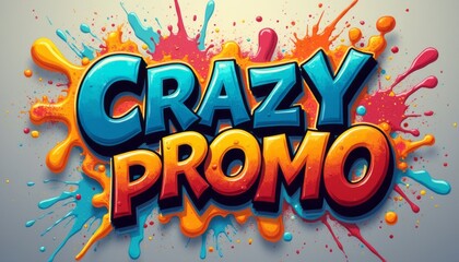 This eye-catching image features bold, graffiti-style lettering that reads Crazy Promo, surrounded by a burst of vibrant paint splashes in shades of blue, orange, and pink. The dynamic colors and