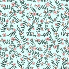 Seamless pattern with delicate pink and white flowers on a light blue background. The floral design consists of small flowers. It's simple and the green leaves are arranged in a repeating pattern.
