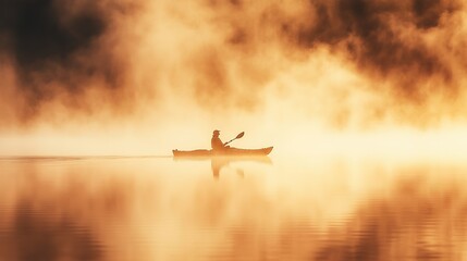 Solitary Kayaker Paddling Through Golden Mist