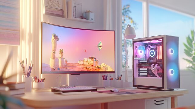 Dreamlike Desktop Setup With Modern PC and Curved Monitor