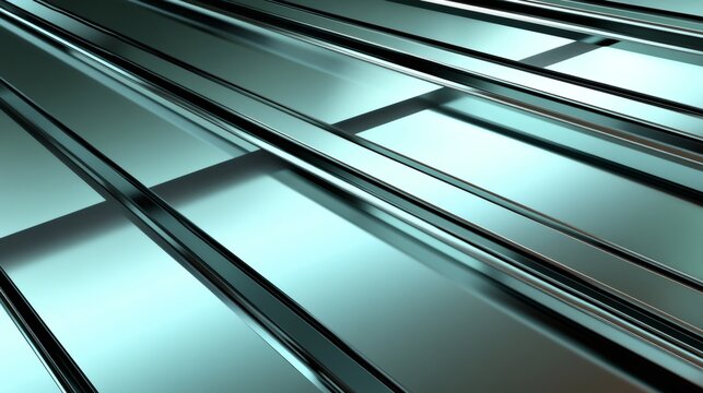 Metallic parallel bars reflecting light, converging geometrically and forming sleek perspective with angular visual depth