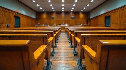 Empty courtroom with wooden benches, legal proceeding in background