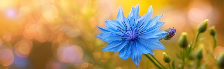 Fototapeta premium Blue beautiful flower on a beautiful toned blurred background, border. Delicate floral background, selective soft focus.