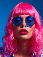 Obraz premium A bold portrait of a woman with a neon pink wig and reflective blue sunglasses, exuding confidence and futuristic fashion. Generative AI