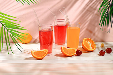 Modern still life with citrus, orange and grape juice, oranges and grapes on pastel background with...