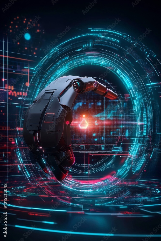 Poster a futuristic robotic hand emerges from a glowing digital vortex, surrounded by intricate holographic
