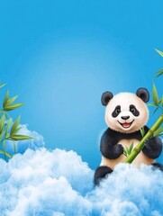 Naklejka premium Panda in Clouds with Bamboo - Adorable panda bear sitting amongst fluffy clouds, holding a stalk of bamboo. Perfect for children's products, websites, or educational materials.