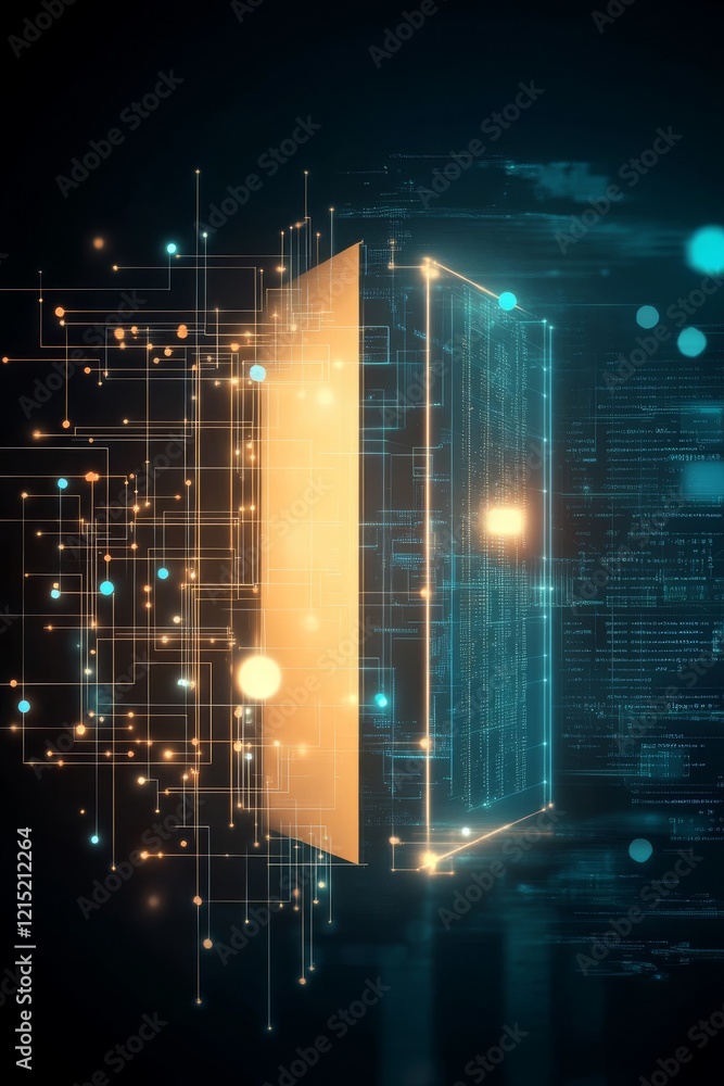 Poster a digital portal with glowing lines and particles, symbolizing technology, data flow, and innovation