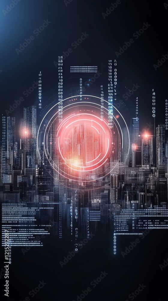 Poster a futuristic cityscape illuminated by digital elements and glowing data visualizations, showcasing a