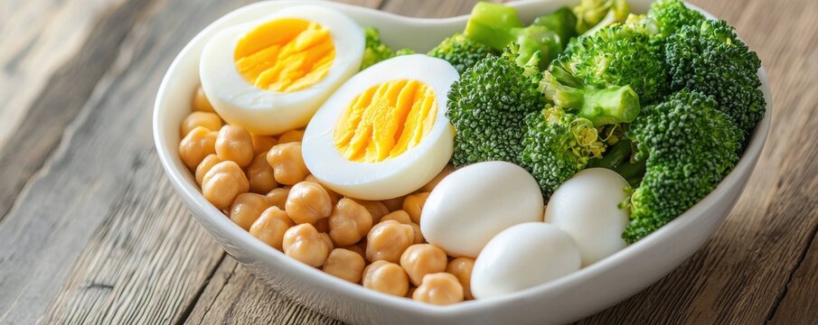 A heart-shaped bowl filled with boiled eggs, chickpeas, and fresh broccoli on a rustic wooden surface. - Powered by Adobe