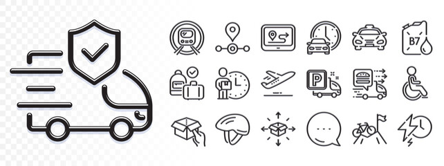 Plane, Food delivery and Bicycle helmet line icons for web app. Glare of light effect. Message icon. Pack of Disability, Hold box, Diesel canister pictogram icons. Vector