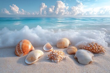 Seashells on Sandy Beach Near Ocean Waves
