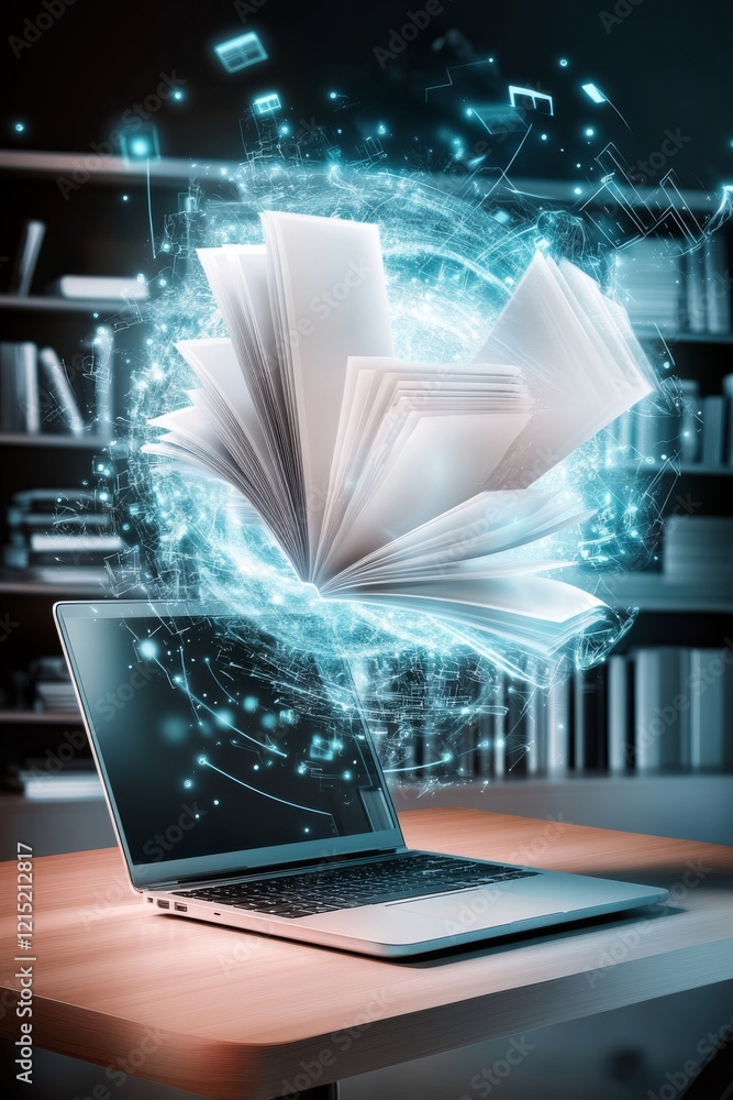 Poster a laptop displays floating digital books, symbolizing the fusion of technology and knowledge in a mo