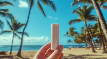 white sunscreen stick on tropical beach